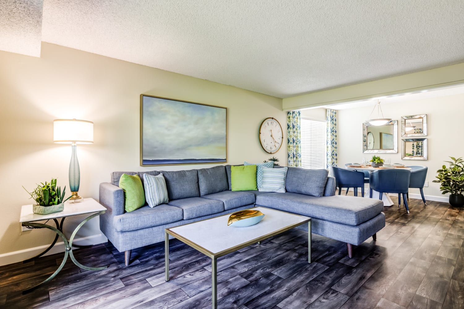 Well appointed living room at Edgewood Park Apartments in Bellevue, Washington