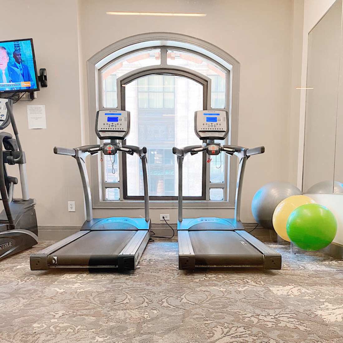 Fitness center with treadmills and exercise ball at The Atlas in Columbus, Ohio