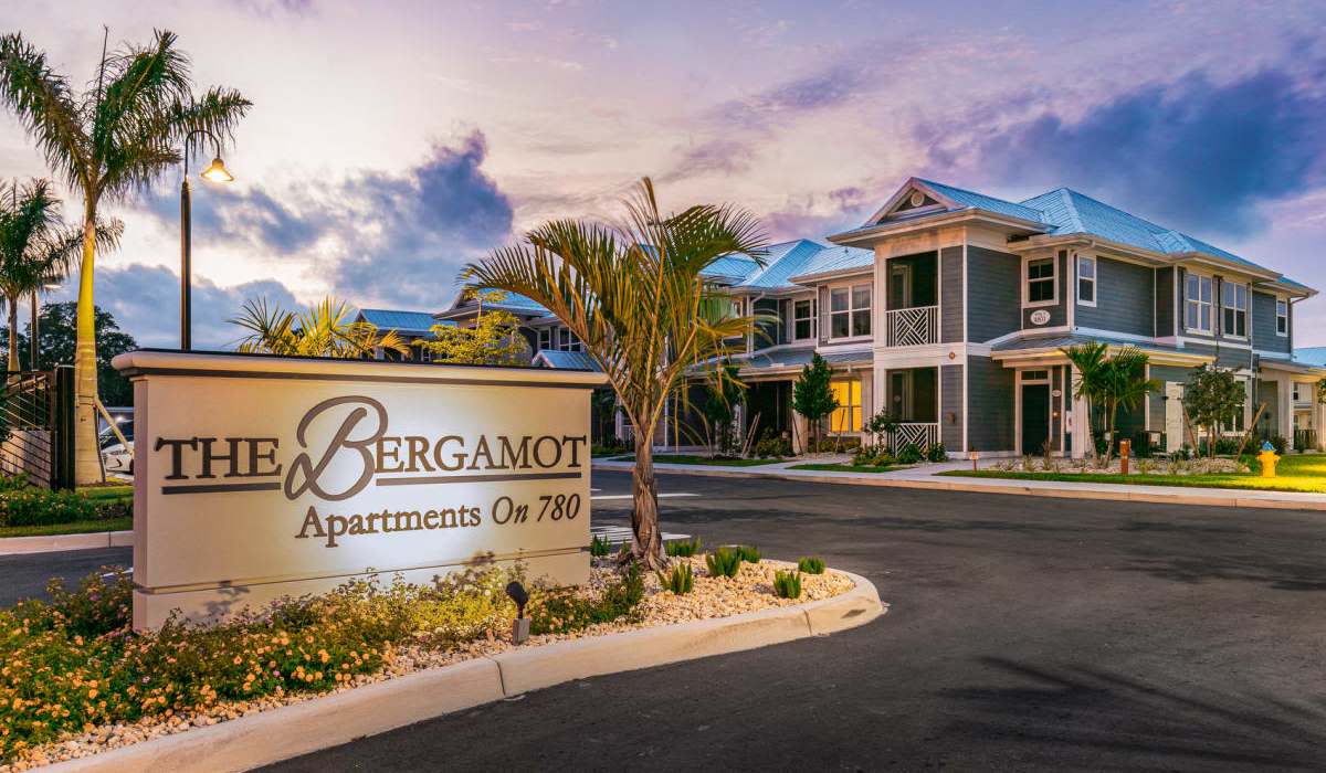 Property signage board at The Bergamot Apartments On 780 in Sarasota, Florida