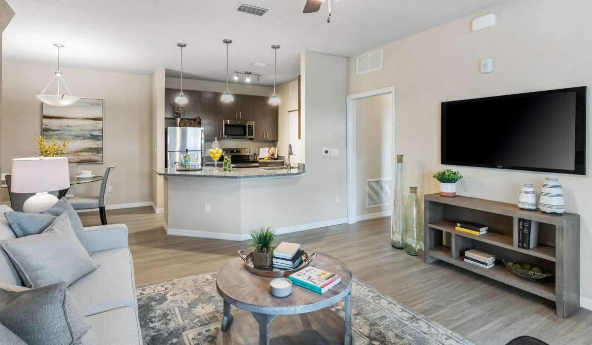 Well-furnished living area at The Bergamot Apartments On 780 in Sarasota, Florida