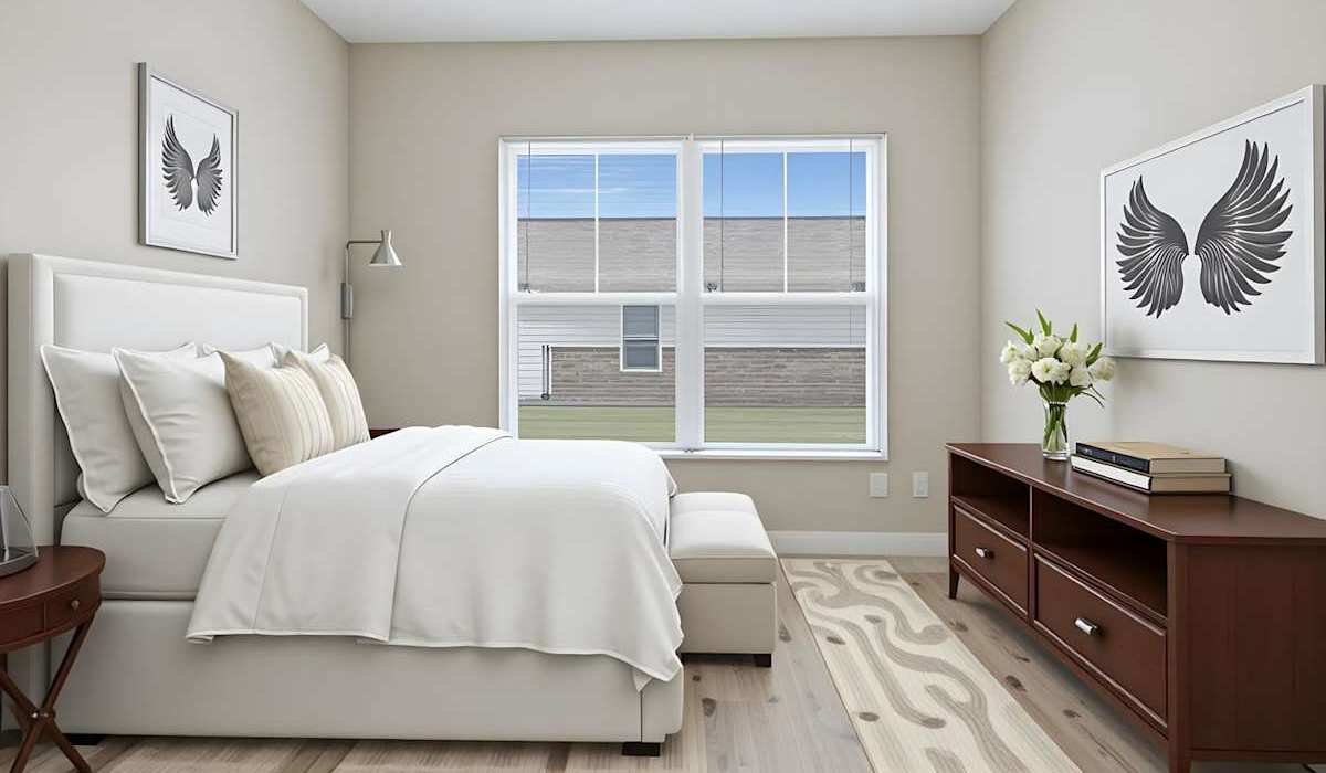 Bedroom in the modern apartment at Prior Farms in Madison, Georgia