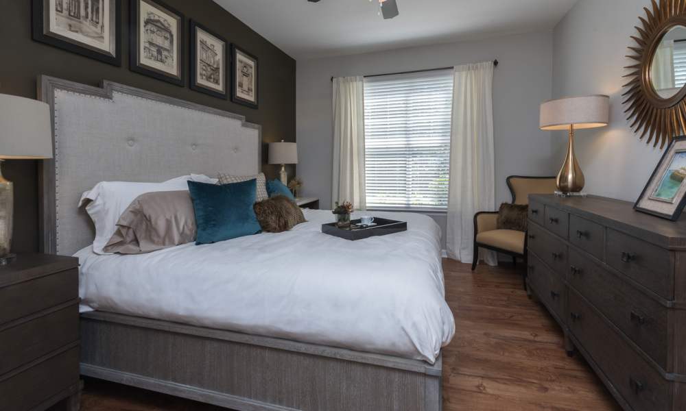Model bedroom with lots of light Avonlea On The River in Duluth, Georgia