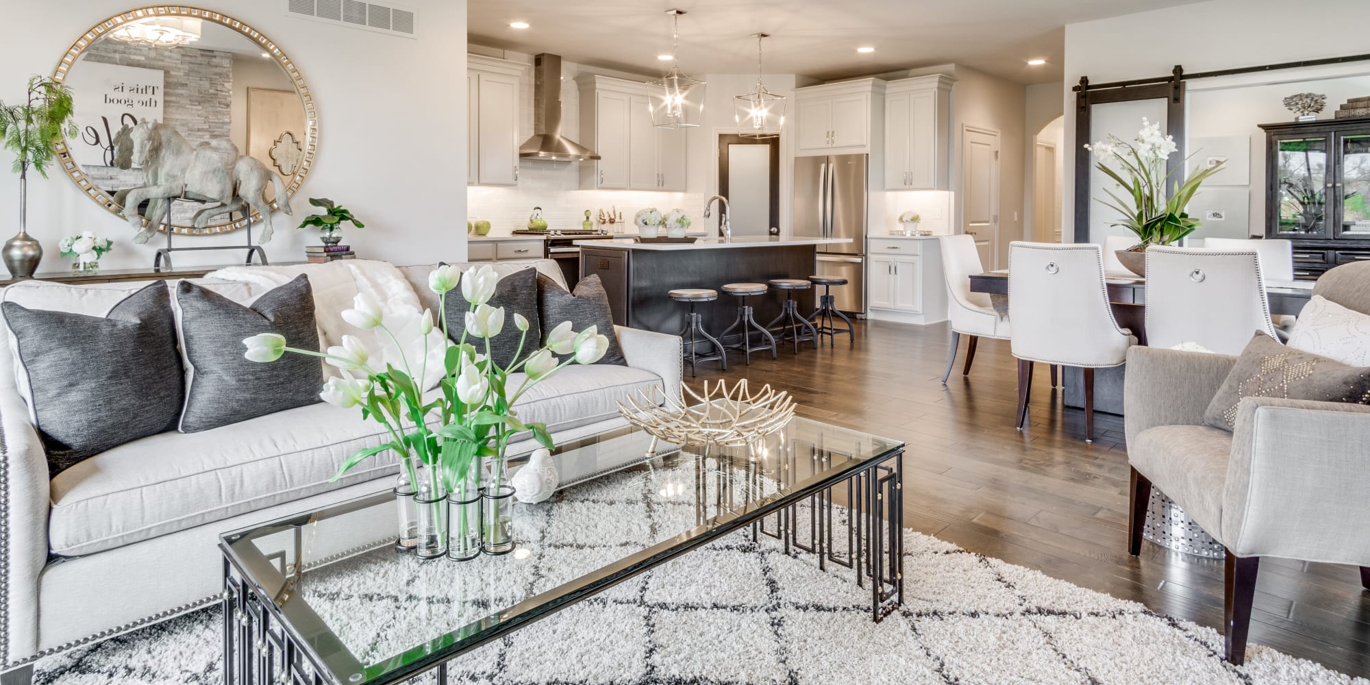 Upscale senior apartment living room at Blossom Ridge in Oakland Charter Township, Michigan