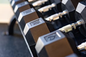 Weights in the fitness center at The Waters at Redstone in Crestview, Florida