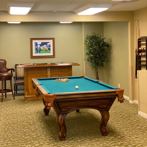 Billiard Room at Pacifica Senior Living Menifee in Sun City, California.
