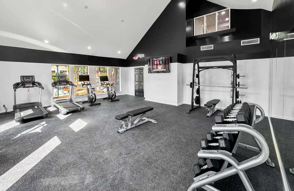 Spacious fitness center at The District North Hills in Raleigh, North Carolina