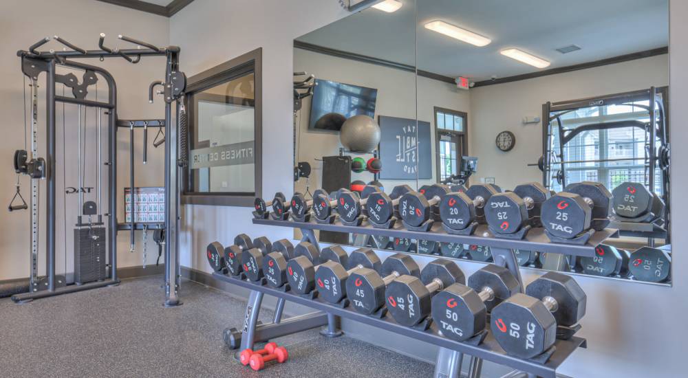 Fitness center with dumbell rack at Anthem at Creekside in Smyrna, Tennessee