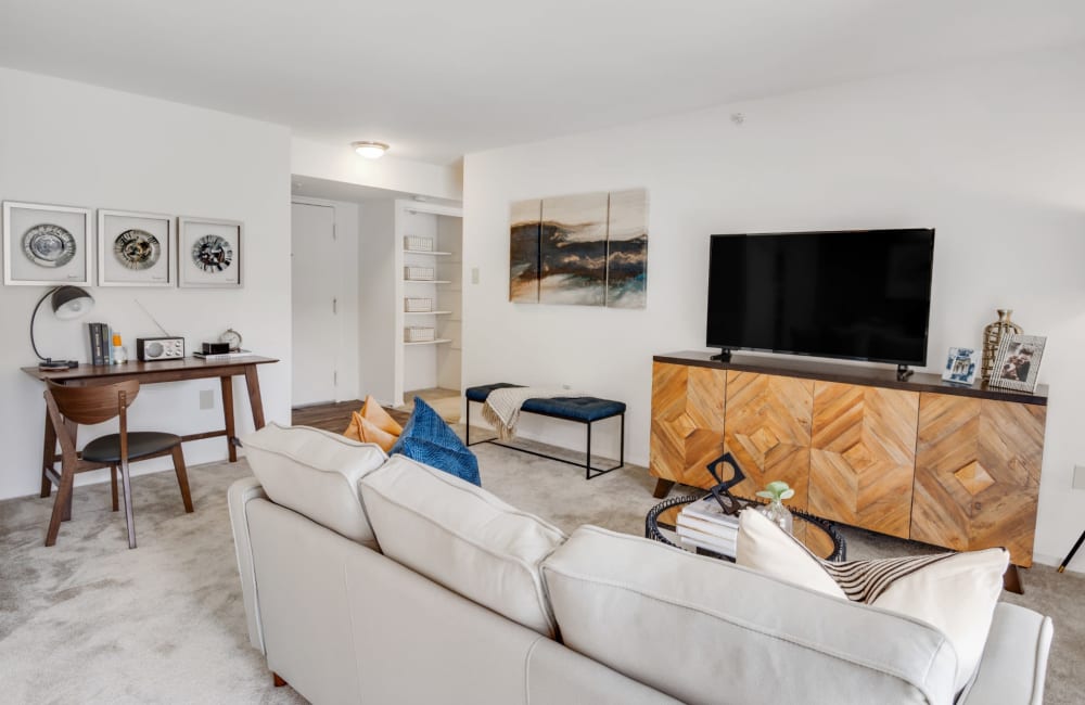 Living room in a model home at Columbia Pointe Apartment Homes in Columbia, Maryland