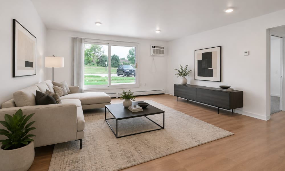 Living room with large window  at Shoreview Hills in Shoreview, Minnesota 