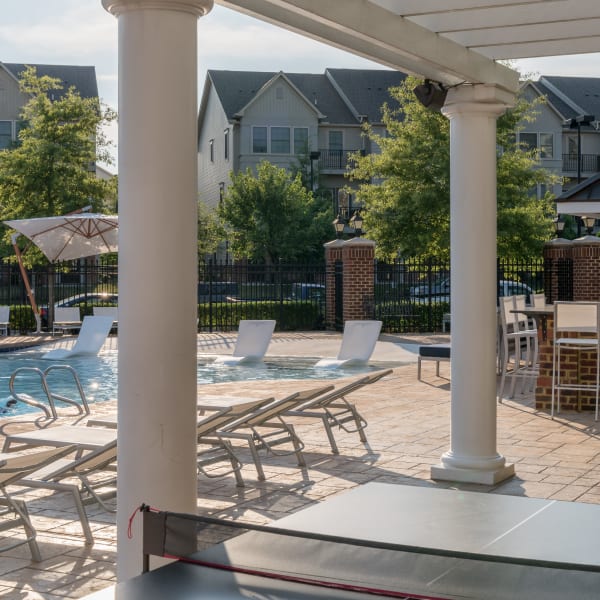 Lounge chairs near pool at Meridian Parkside, Newport News, Virginia