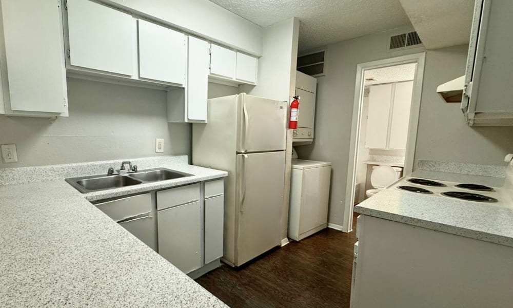 A view of the kitchen at Santa Fe Apartments in Dallas, Texas