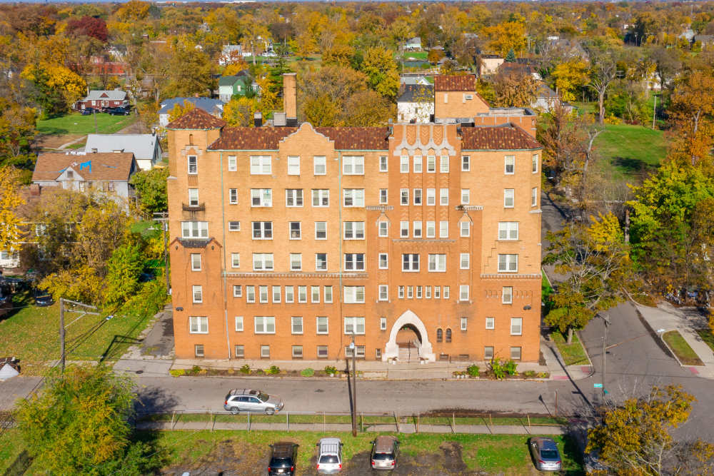 Building exterior at Detroit Living in Detroit, Michigan