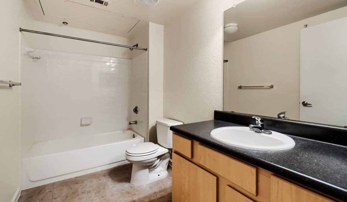 Spacious bathroom with a tub shower combo, modern vanity, and neutral tile flooring at Lindbergh Parc Senior Apartments in Fort Worth, Texas