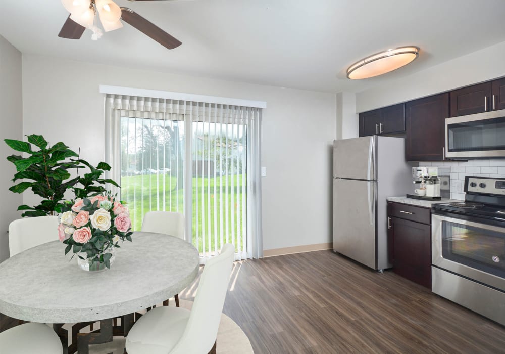 Kitchen with stainless-steel appliances at River Pointe in Bethlehem, Pennsylvania