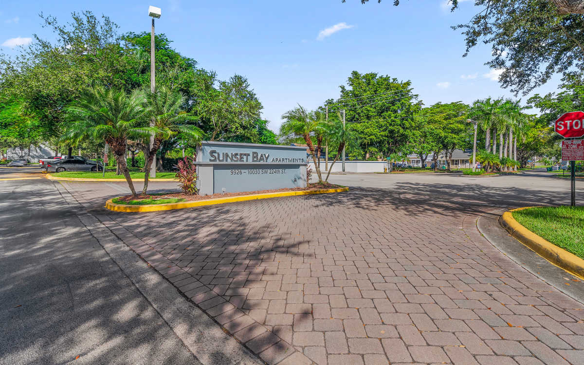 Signage outside at Sunset Bay Apartments in Cutler Bay, Florida