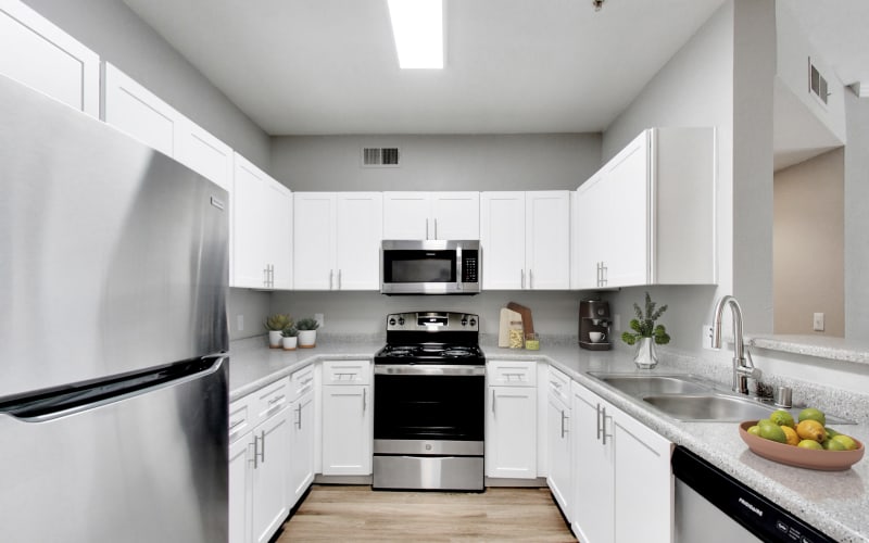 Renovated kitchen with ample cabinet space at Natomas Park Apartments in Sacramento, California