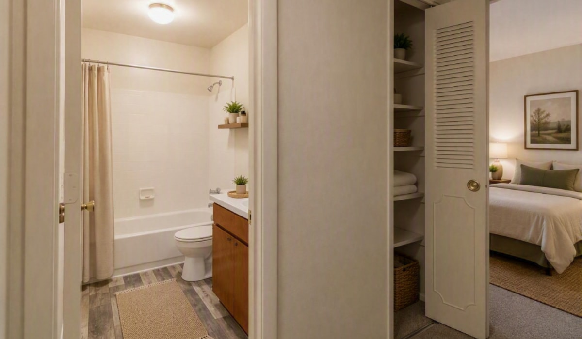 Bathroom and linen closet at Willow Oaks Apartments in Richmond, Virginia