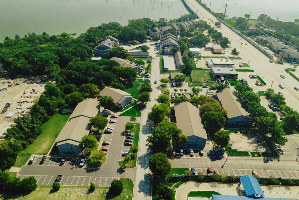 Community drone shot at Lakeshore Villa Apartments in Rowlett, Texas