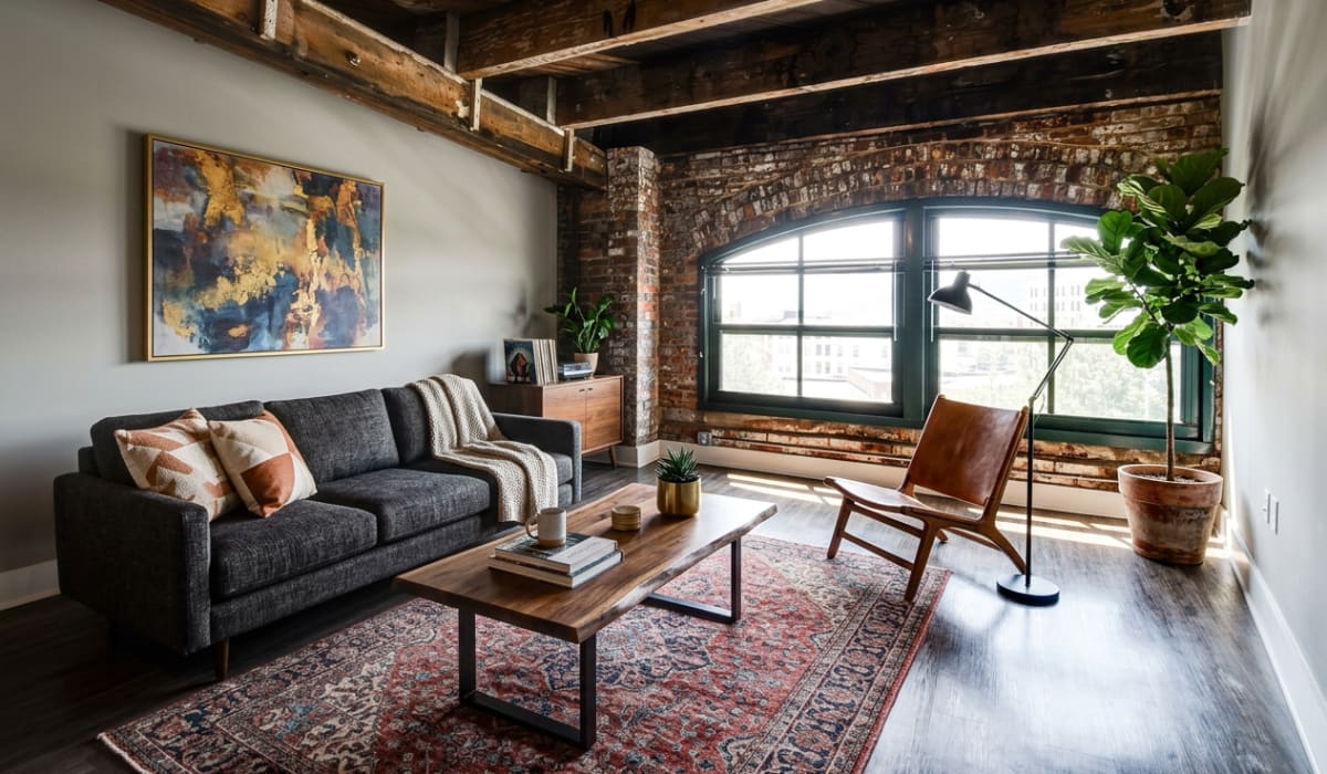 Living room at Boury Lofts in Wheeling, West Virginia