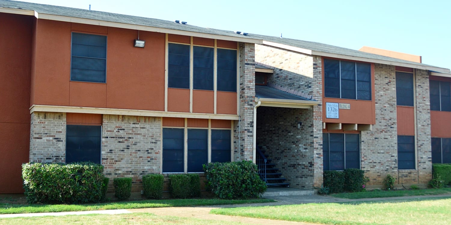 Outside an apartment building at Euless, Texas, apartments at Villa Bella