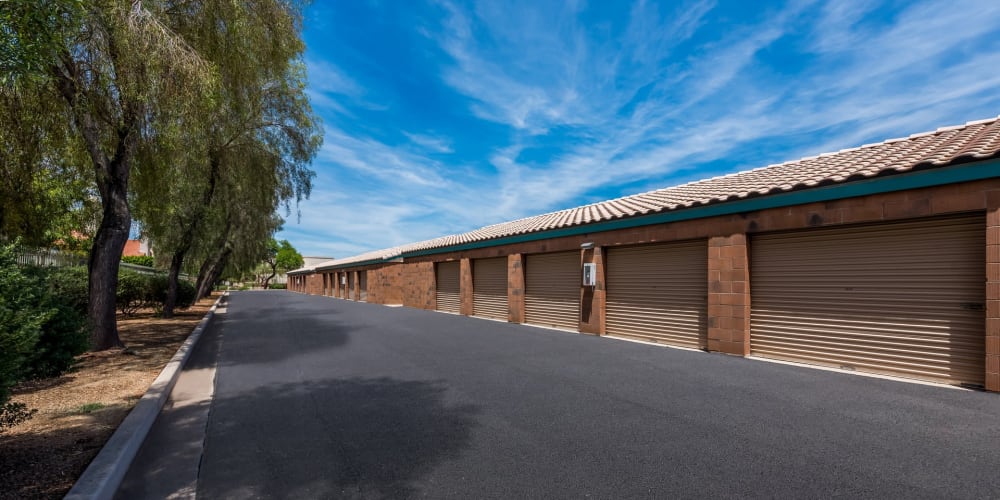 Outdoor drive-up storage units at StorQuest Self Storage in Tempe, Arizona