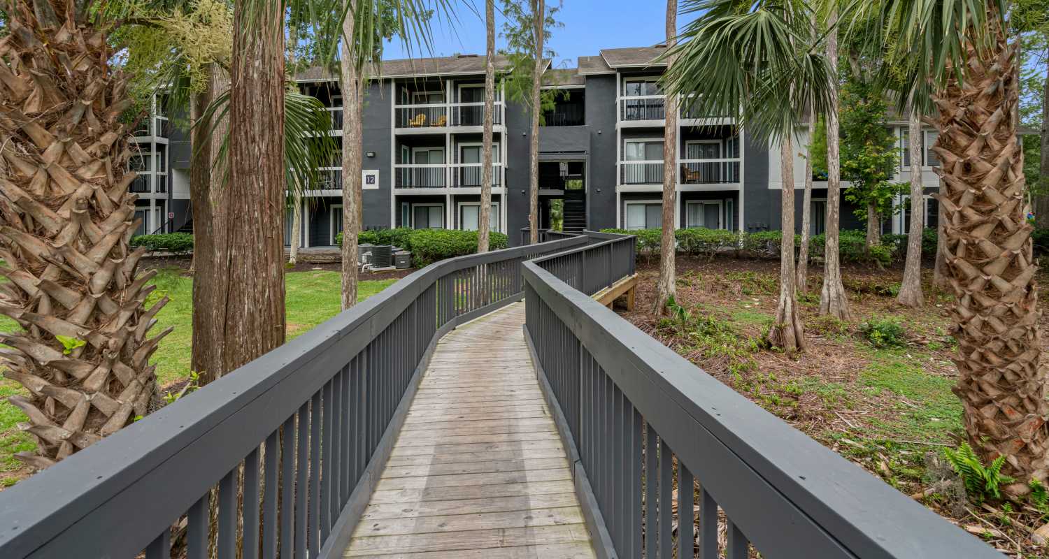 Walkway leading to apartment building at Lake Forest in Daytona Beach, Florida 