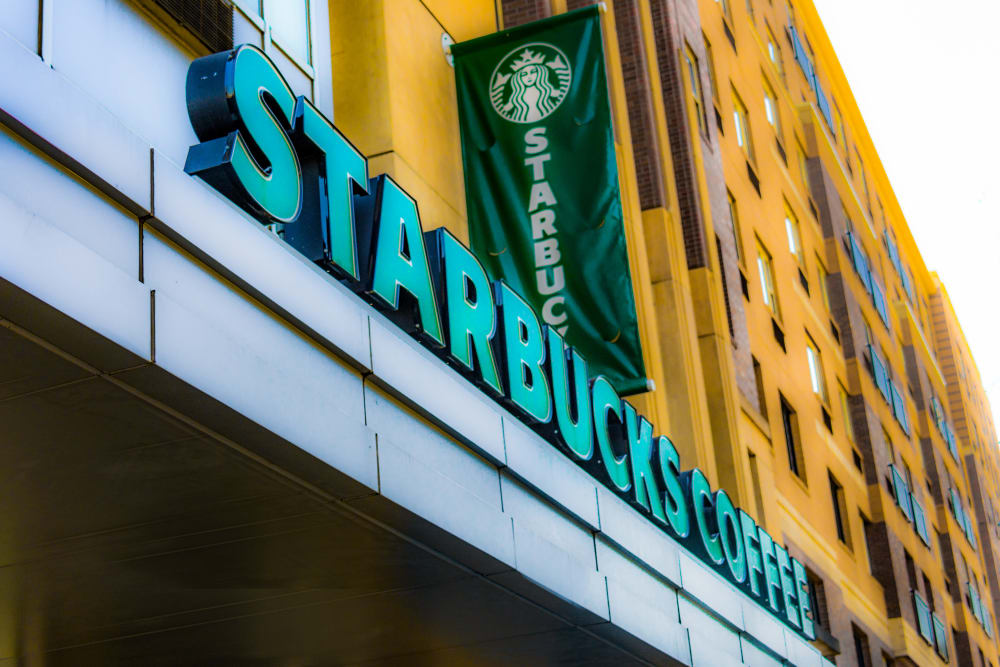 Starbucks coffee shop near 55 Riverwalk Place in West New York, New Jersey