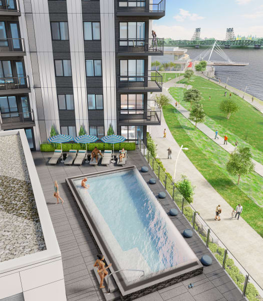 A aerial view rendering of The Columbia at the Waterfront in Vancouver, Washington