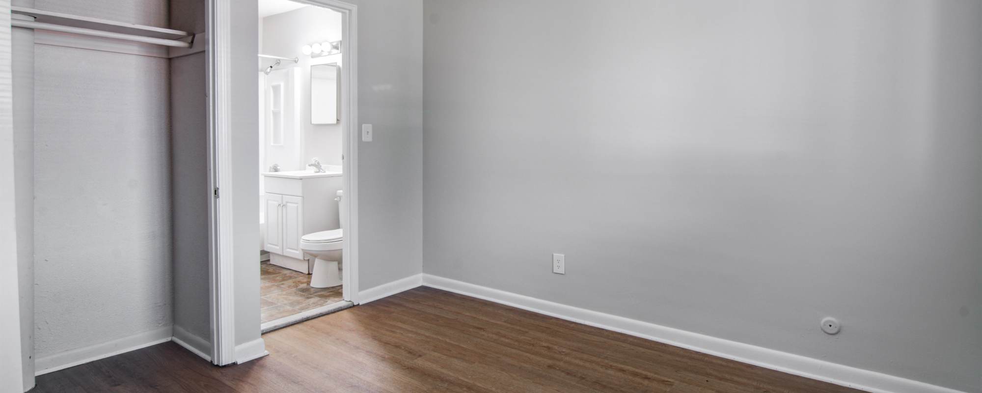 Unfurnished bedroom with closet at Stony Brook Village in Hyde Park, Massachusetts