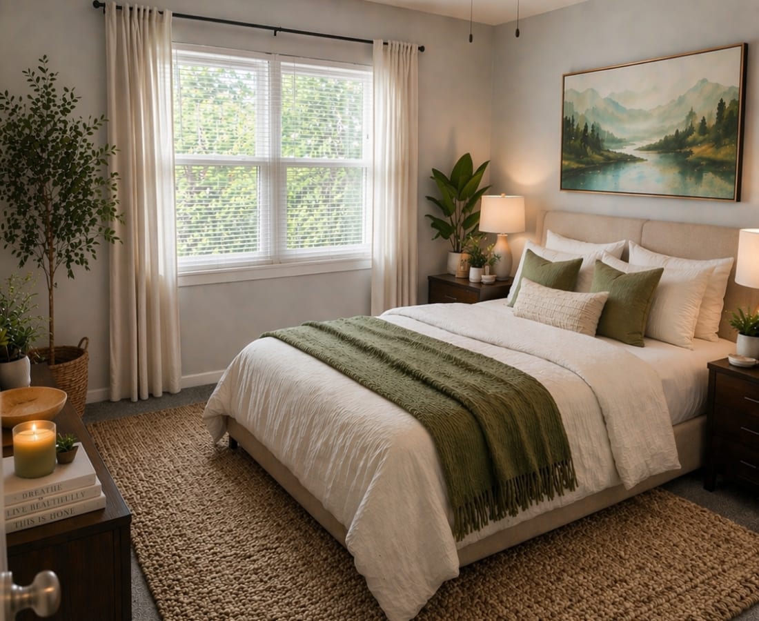 Cozy bedroom with green accents at Treehaven in Summerville, South Carolina