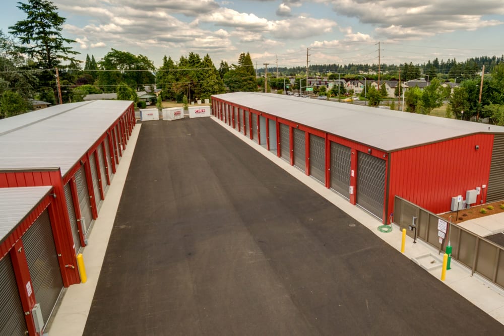 Wide driveways between RV, boat, and auto storage units at Storage Works RV and Boat in Vancouver, Washington