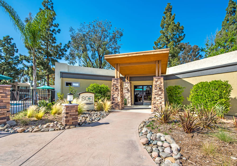 Exterior view of the leasing center at Sofi Poway in Poway, California