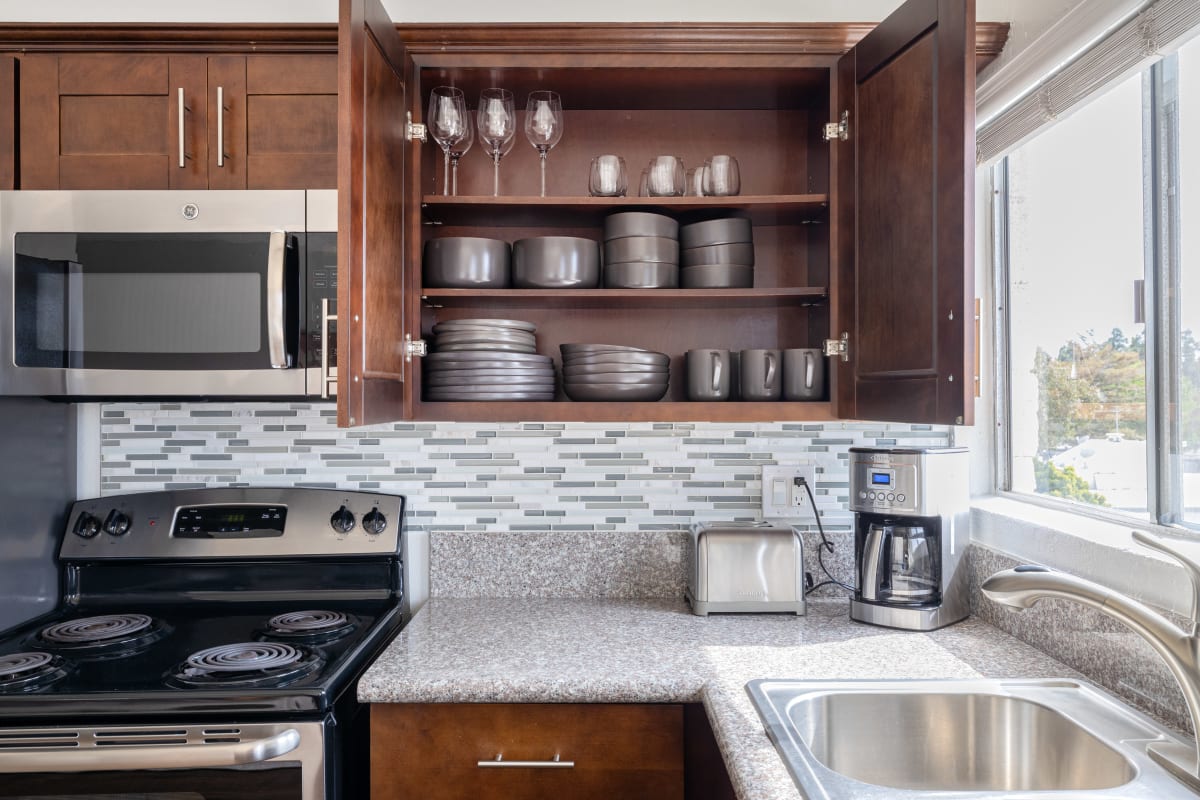 Kitchen with modern appliances at Playa Pacifica, Playa Del Rey, California