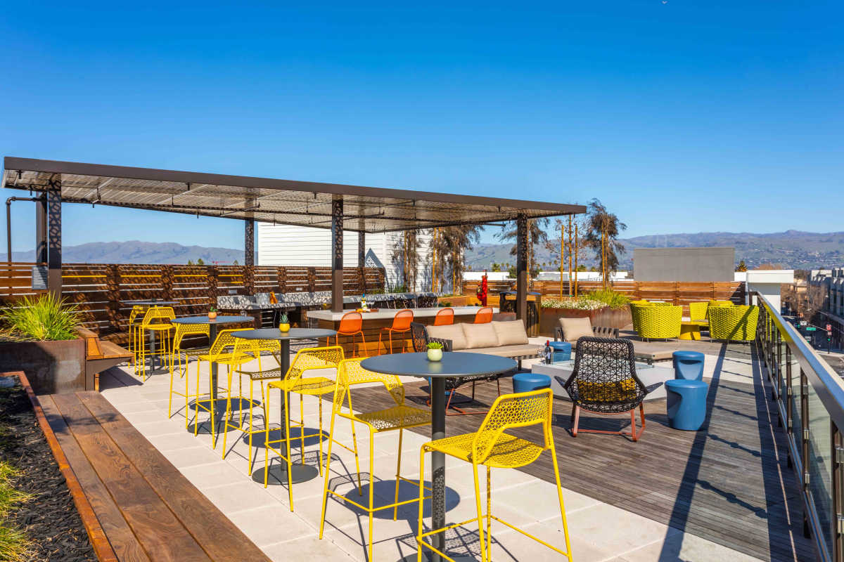 Rooftop terrace seating area at The Julian in San Jose, California