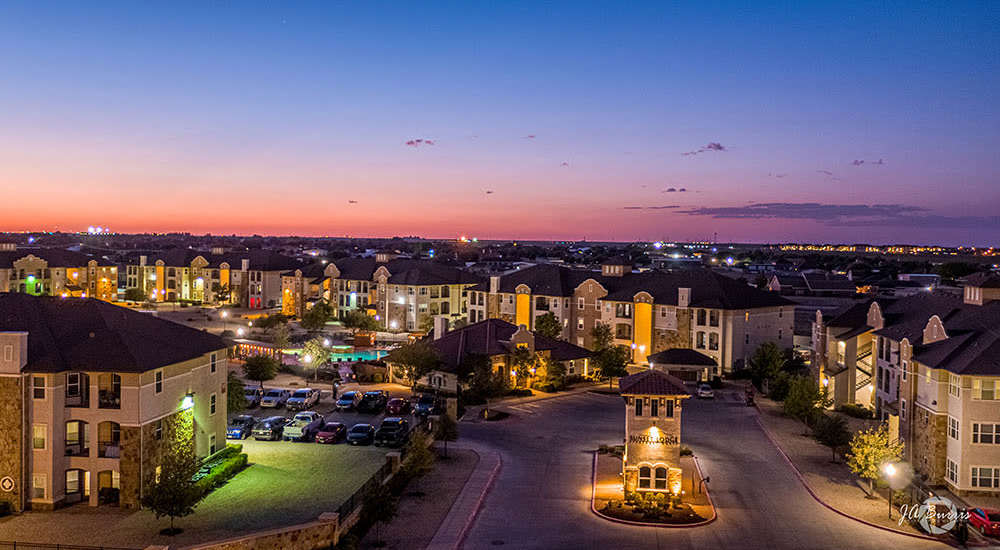 Aerial view of a community at Sunset Lodge in Odessa, Texas                