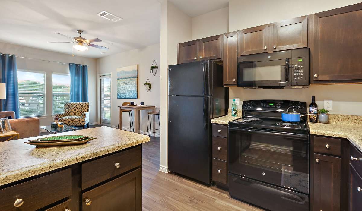 Kitchen with black appliances and granite countertop at Canyon House in New Braunfels, Texas