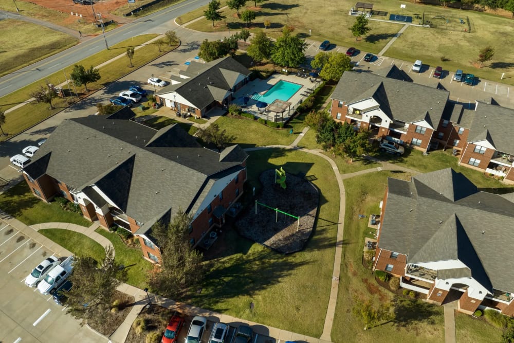 Aerial shot of apartments at Yukon on 15th in Yukon, Oklahoma