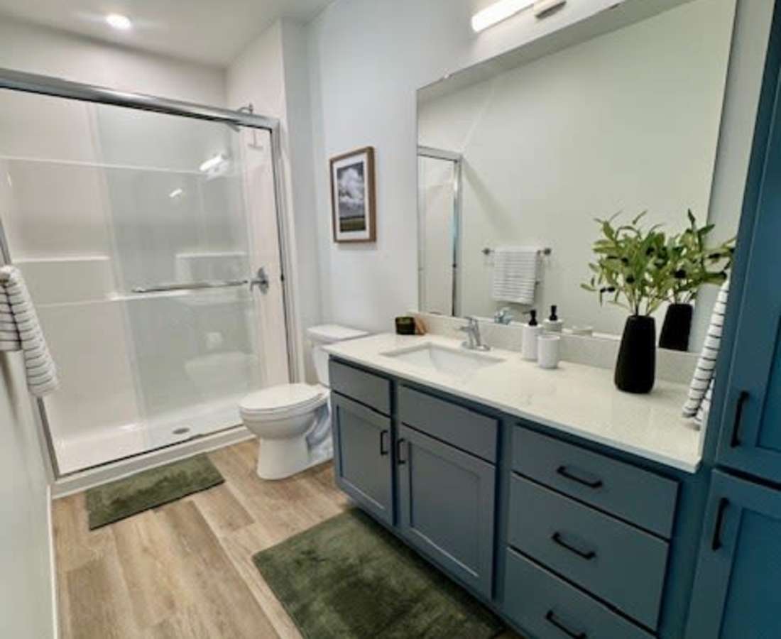 Bathroom with a shower and sink area at Pritchard Park Place in Racine, Wisconsin