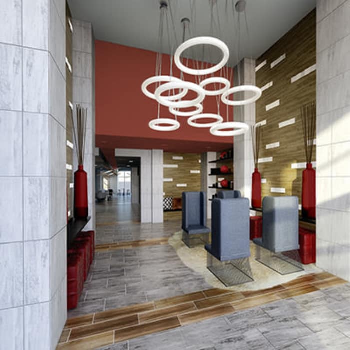 Modern lobby at 50 Front Luxury Apartments in Binghamton, NY