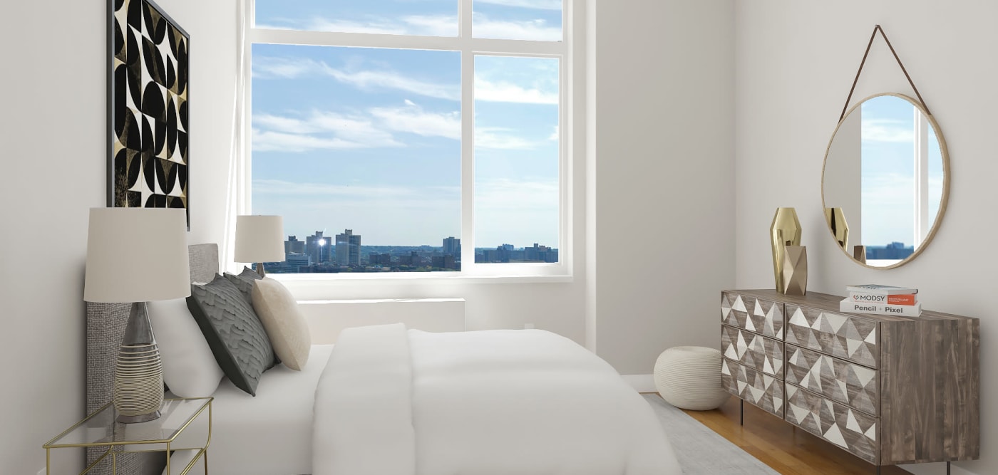 Beautiful and bright model bedroom at The Alexander in Rego Park, New York