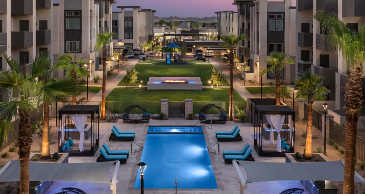 Courtyard with luxury pool and cabanas  at Aviva in Mesa, Arizona