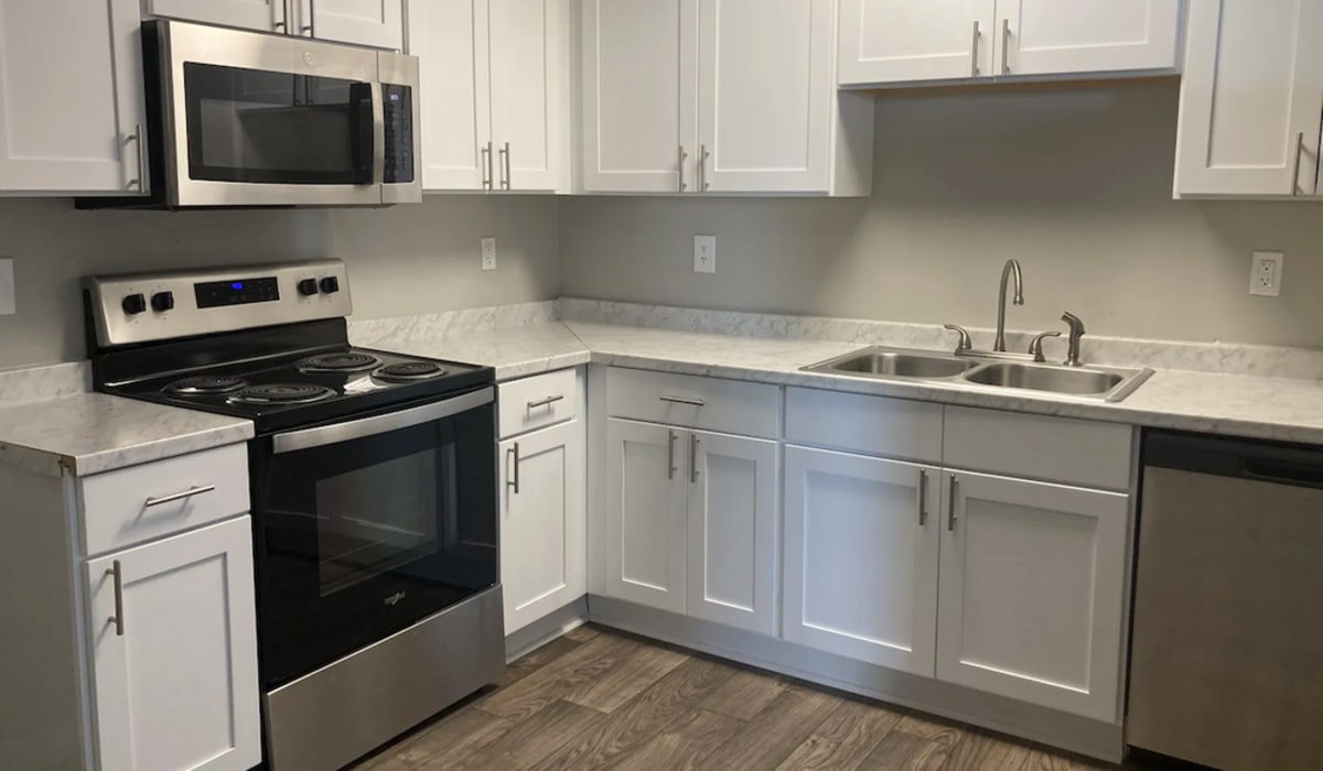 Kitchen with stainless-steel appliances at Alston Arms Apartments in North Charleston, South Carolina
