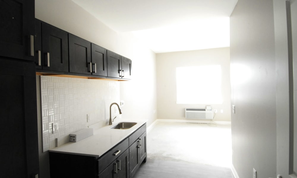 Resident kitchen in construction at Randall Residence at Encore Village in Brighton, Michigan
