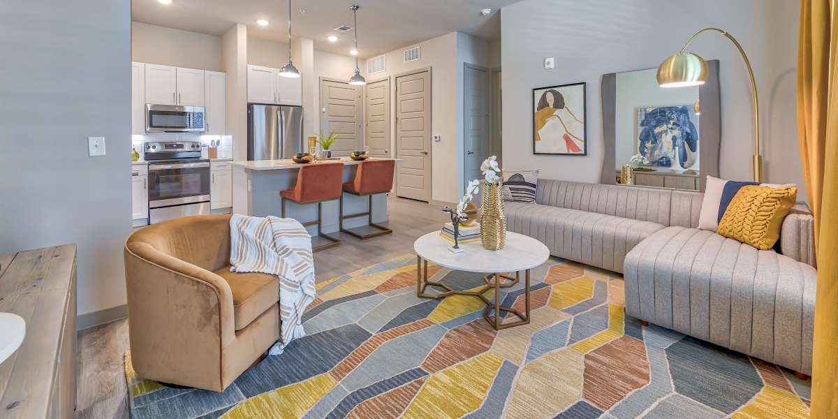 Cozy living room at Ennova Highlands in Arlington, Texas