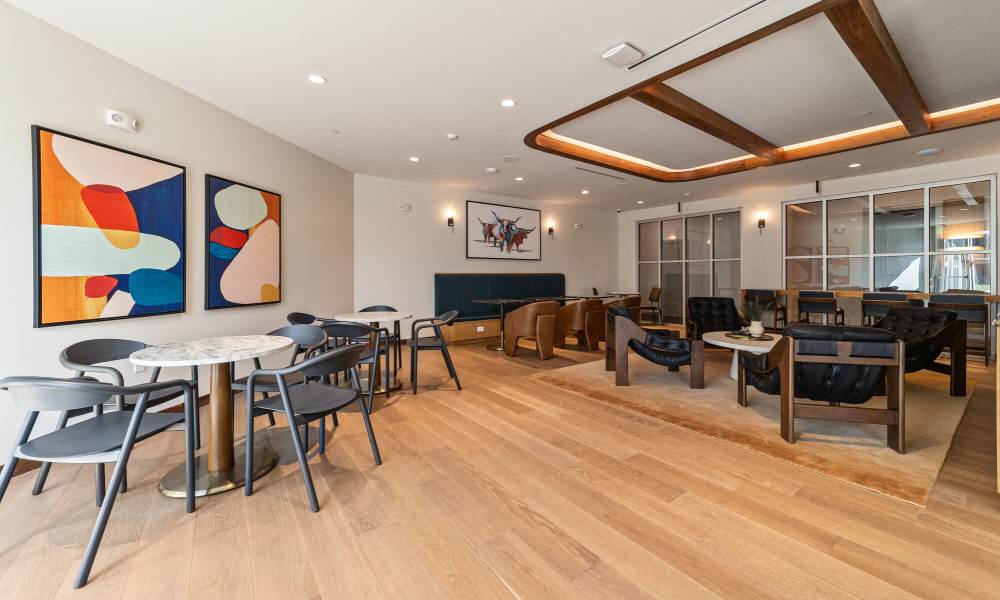 Dining area at the clubhouse for the residents at Main and Mill in Lewisville,Texas