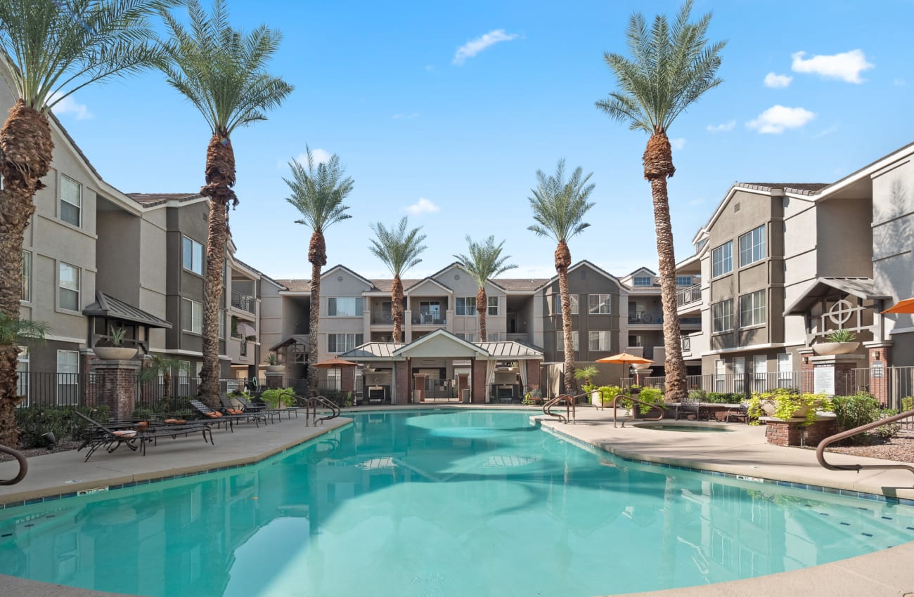 Palm trees and well maintained pool at Citi on Camelback in Phoenix, Arizona