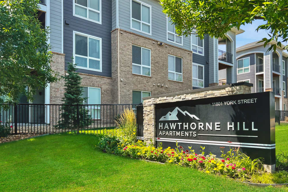 Monument Sign at Hawthorne Hill Apartments in Thornton, Colorado
