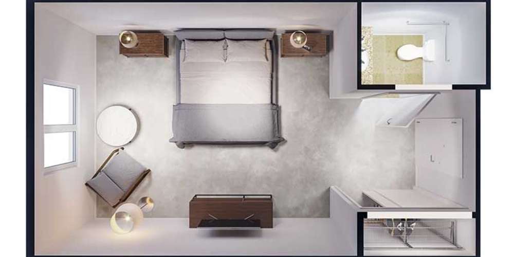 Modern bedroom floor plan with bed, chair, dresser, and ensuite layout at Ponté Palmero in Cameron Park, California