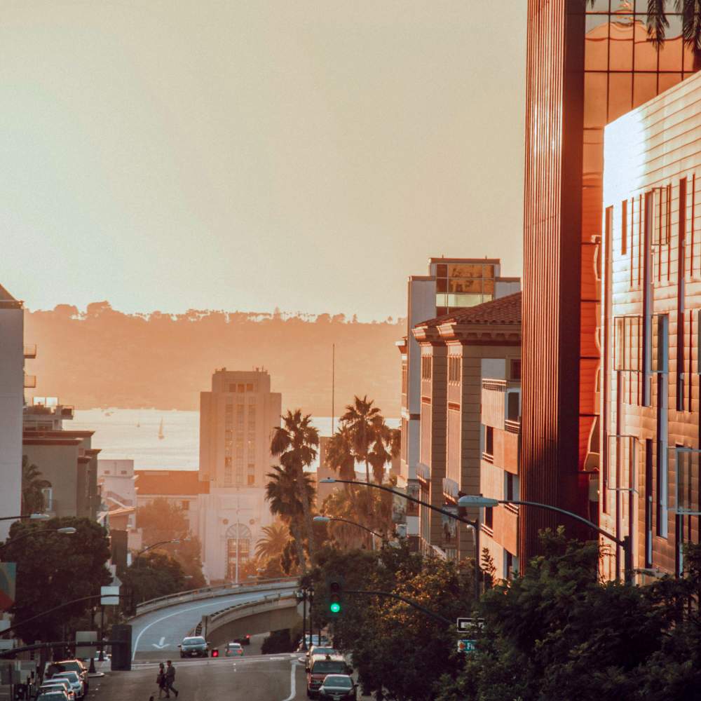 City life with sunset near Flora + Fauna in San Diego, California