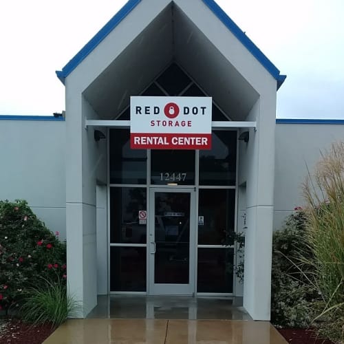 Main entrance to storage units at Red Dot Storage in Highland, Illinois